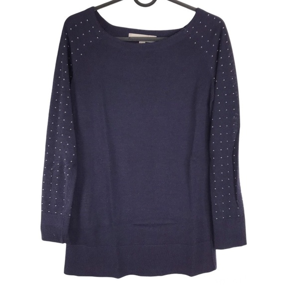 Loft Navy Blue Silver Studded Wool Blend Knit Top Lightweight Sweater XSMALL - Picture 1 of 6